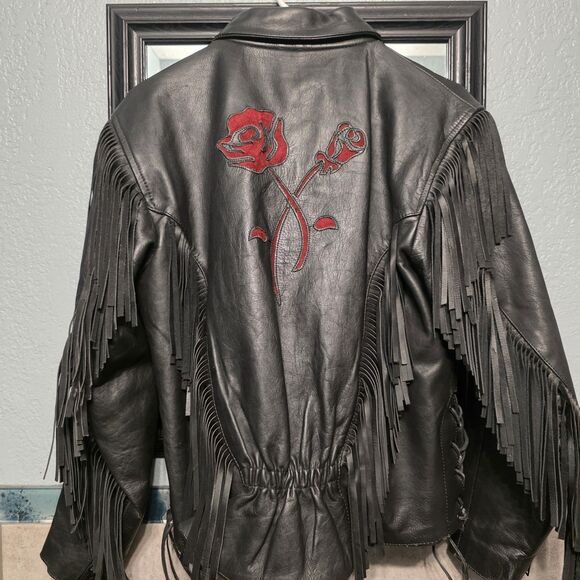 Vtg First Leather Motorcycle Biker Jacket Coat Fringe Red Rose Black Women Sz 12 - Picture 5 of 9